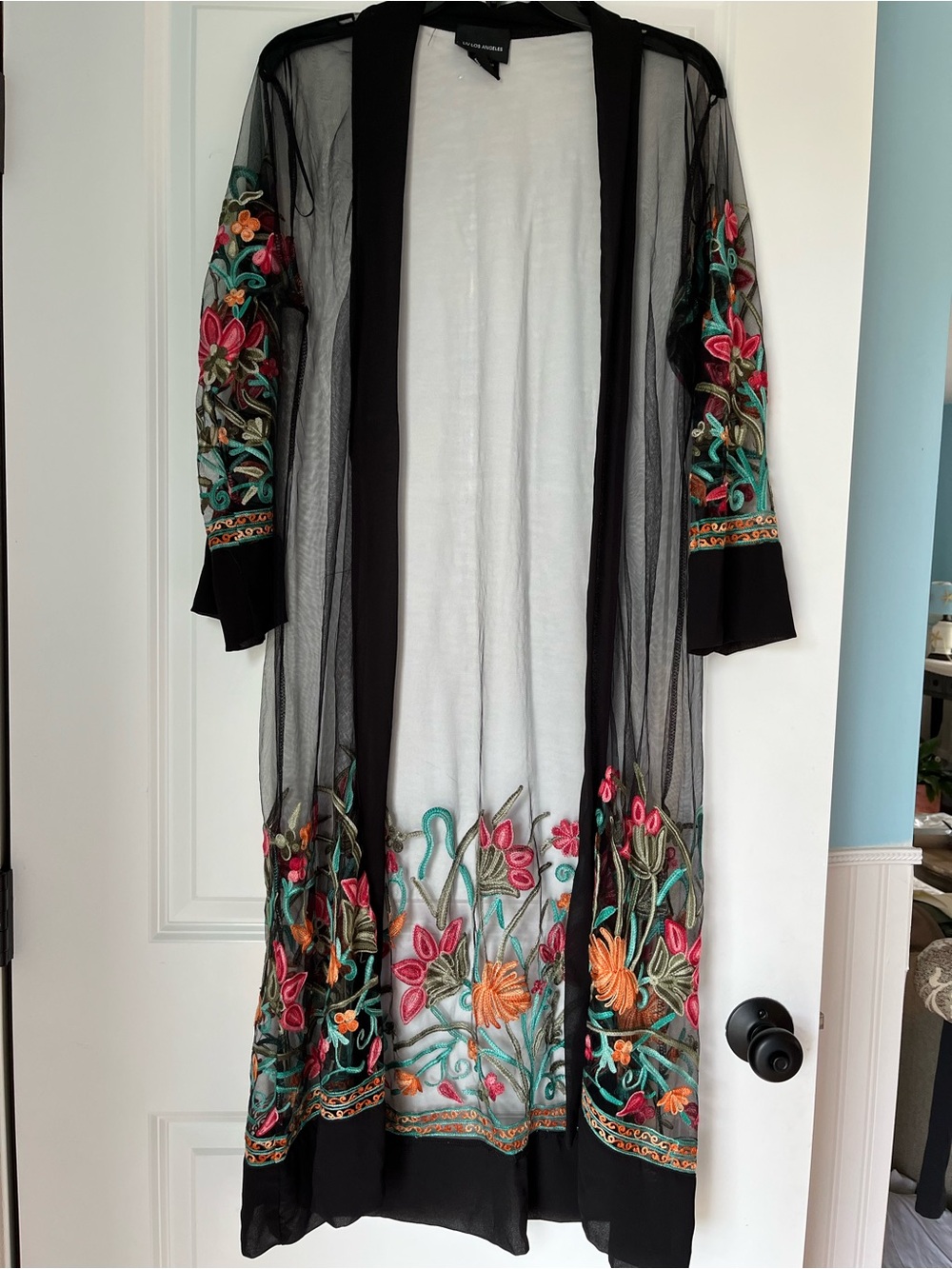 Embroidered Black Sheer Kimono Dress - Floral Detail